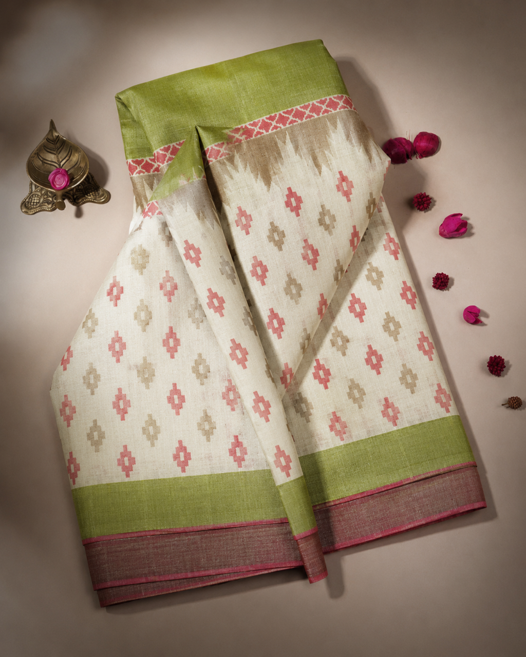 Pure Handloon Tussar Silk Saree - Ivory & Green Geiometric Motif Saree from Madhya Pradesh