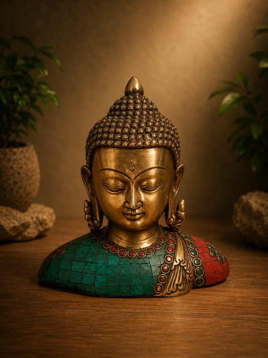 Handcrafted Brass Buddha Bust with Stone Inlay - Meditation & Spiritual Decor