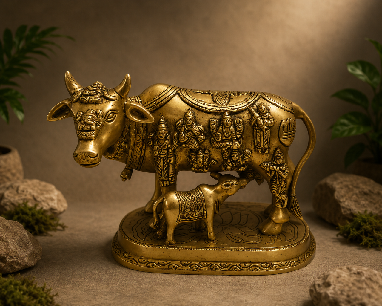 Artisan Brass Kamadhenu Cow & Calf Statue