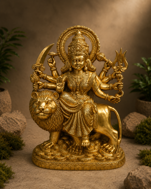 Handcrafted Brass Goddess Durga on Lion Statue