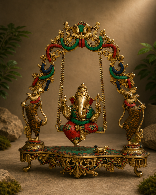Handcrafted Brass Ganesha Jhula with Stone Inlay - Decorative Swing Sculpture