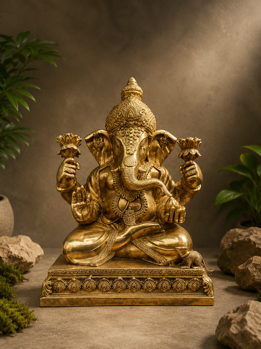 Handcrafted Brass Lord Ganesha Statue - Traditional Seated Ganesha Idol