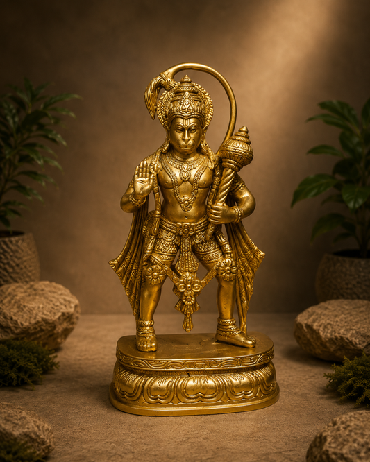 Handcrafted Brass Lord Hanuman Statue - Traditional Bajrangbali Sculpture