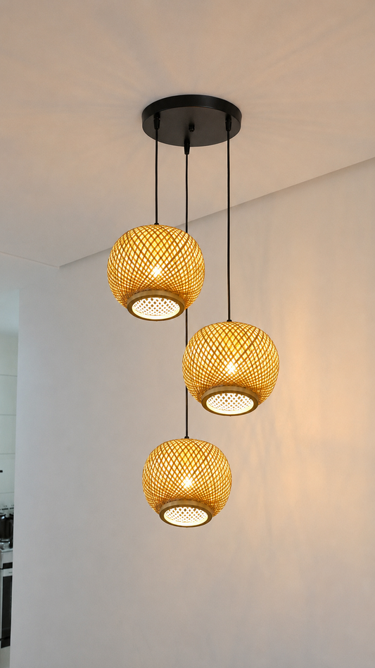 Handcrafted Bamboo Pendant Ceiling Lamp - Triple Globe Hanging Light