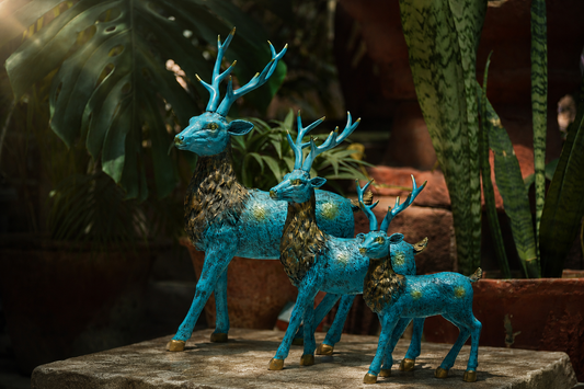Handcrafted Decorative Deer Figurine Set - Turquoise Finish