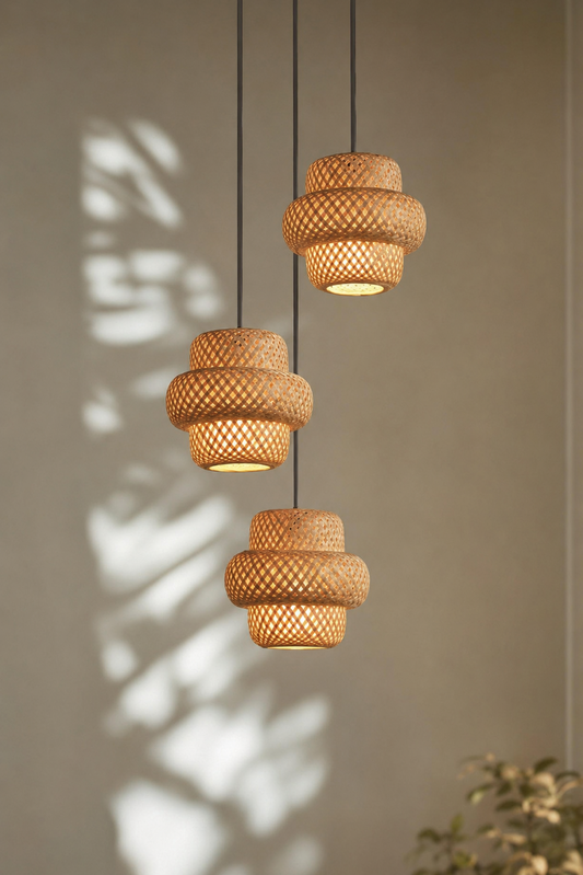 Handcrafted Bamboo Triple Pendant Lamp - Layered Woven Hanging Light