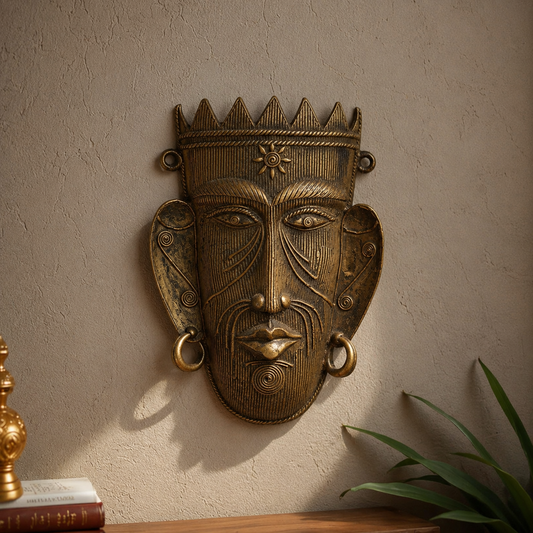 Handcrafted Tribal Brass Wall Mask - Ethnic Metal Wall Art